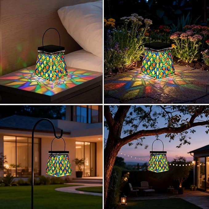 VOREEN Mosaic Solar Lantern, Colorful Mosaic Glass Decorative Lantern for Outdoor Garden & Patio, Tabletop or Hanging Solar Powered Light, Multicolor Geometric Lattice Design
