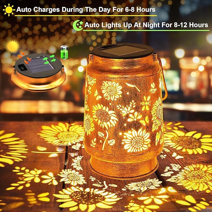 Solar Lanterns Outdoor with Shepherd Hook - Waterproof Sunflower Garden Decor, LED Hanging Lights Metal Decor for Yard, Patio, Porch, Lawn, Tabletop - Perfect Christmas Gift for Women, Mom, Grandma