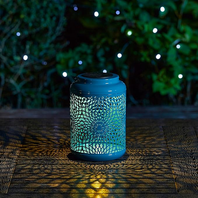 Glitzhome Solar Lantern Blue Metal Cutout Scrollwork Outdoor Hanging Solar Light with Handle for Garden Patio Yard Outdoor Decor