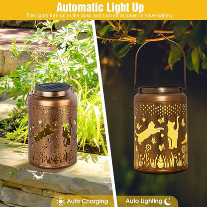 2 Packs Cat Gifts Solar Lanterns Outdoor Waterproof, Birthday Gifts for Women, Mom, Metal Hanging Solar Lights Outdoor for Patio Porch Yard Backyard Garden Decor