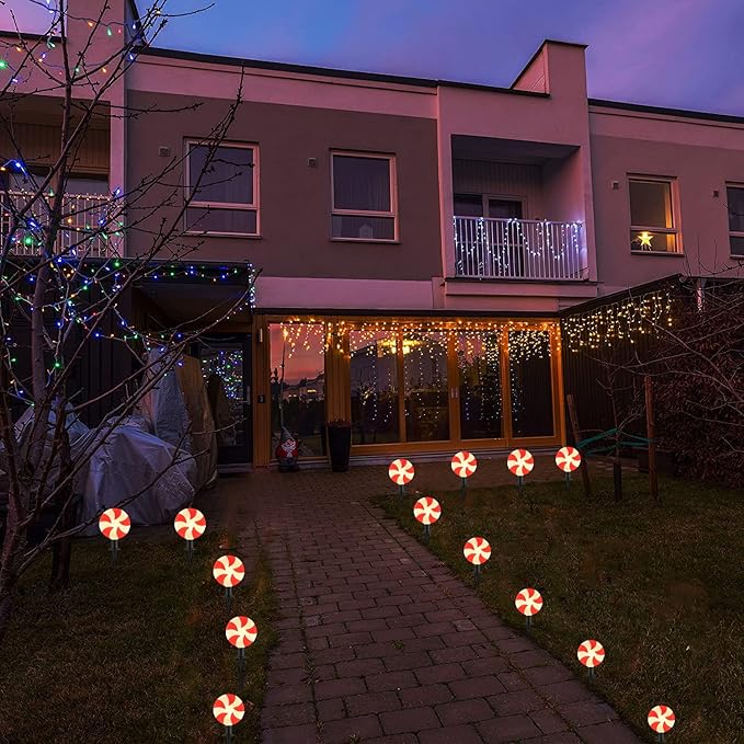 Outdoor Lollipop Christmas Pathway String Lights, 7 Feet C9 Christmas Yard Candy Shape Decorations Driveway Markers Stake Lights, Connectable Garden Markers Light for Outdoor Walkway Decor