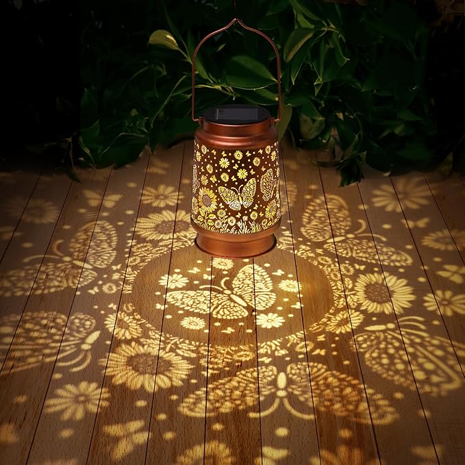 2 Pack Butterfly Solar Lanterns Outdoor Waterproof Sunflower Garden Decor Birthday Gifts for Women Mom Grandma Hanging Solar Lights Metal Lantern Decoration Outside for Porch,Patio,Yard,Backyard