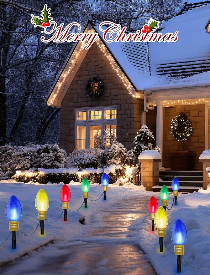 C9 Christmas Multicolor Pathway Lights, 7Ft Outdoor Christmas Pathway Markers Stakes Lights with 4 Jumbo C9 Multicolor LED Bulbs, Connectable Xmas Walkway Light for Driveway Yard Lawn Garden