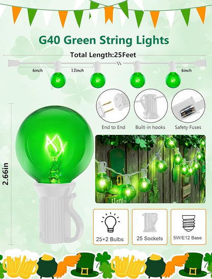 G40 Green St. Patrick’s Day Globe String Lights, 25Ft Outdoor St. Patrick’s Day Decorations Lights with 27 Green Incandescent Bulbs, Hanging Patio Lights Waterproof for Christmas Wedding Party Garden