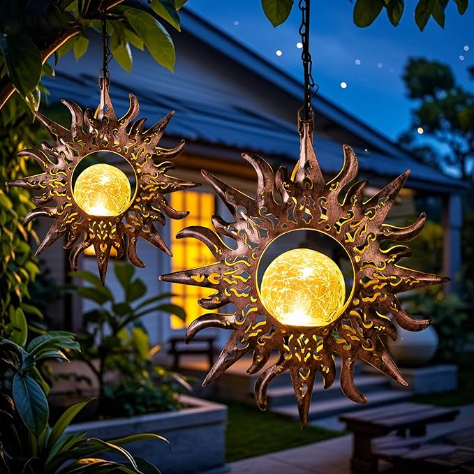 Solar Lights Outdoor Decorative,Sunflowers Hanging Solar Garden Lights Waterproof Yard Decor Metal Sun Flowers Unique Gifts Ideas for Outside Patio Lawn Tree Decorations,Yard Patio Accessories
