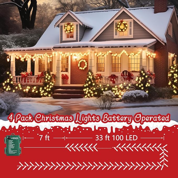 Christmas Fairy Lights 4-Pack, 132ft 400 LED Battery Twinkle Lights
