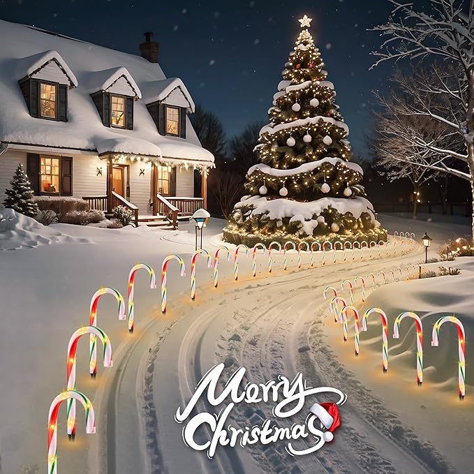 VCOKEN 10'' Christmas Candy Cane Lights Outdoor Pathway, Set of 10 Christmas Candy Cane Markers Waterproof, Light Up Xmas Decoration with Stakes for Holiday Party Yard Art Indoor Outdoor