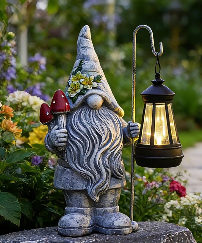 Garden Gnome Statue with Lantern: Outdoor Sculpture Decor for Home Yard Lawn Balcony Patio Porch - Mothers Day Gifts for Mom Women Grandma