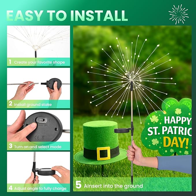 4 Pack St. Patrick's Day Solar Lights Outdoor, Solar Garden Lights Outside Fairy Firework Decorative,Solar Powered for Wedding,Yard Pathway Party Balcony Patio Decor (Green