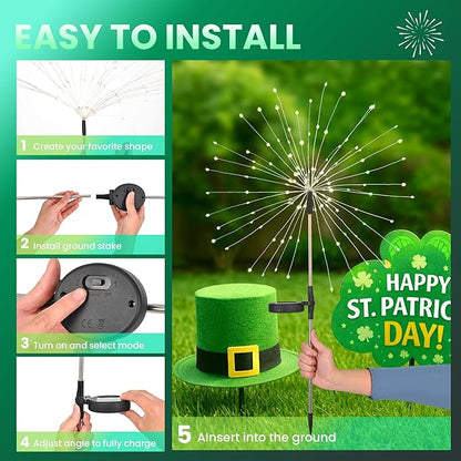 4 Pack St. Patrick's Day Solar Lights Outdoor, Solar Garden Lights Outside Fairy Firework Decorative,Solar Powered for Wedding,Yard Pathway Party Balcony Patio Decor (Green