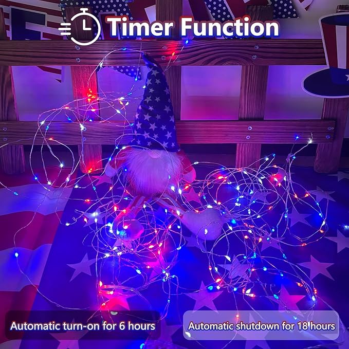 4 Pack Red White and Blue Fairy Lights Battery Operated with Remote, 33FT Waterproof 100 LED Patriotic String Lights with Timer & 8 Modes Outdoor Indoor for Independence Day 4th of July Decorations