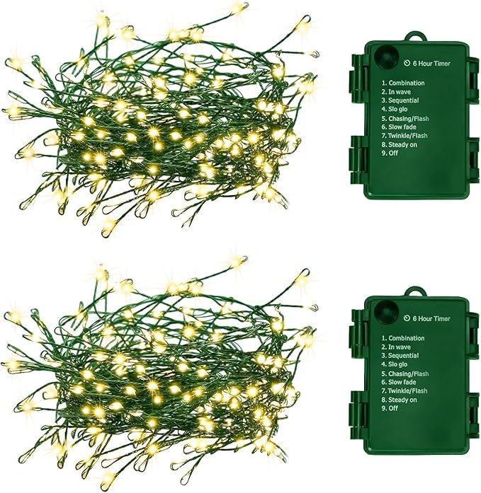 Outdoor Fairy Lights Battery Operated,20Ft 200LED Green Copper Wire Cluster Lights with Timer,Twinkle Firecracker String Lights, Mini Lights for Christmas Tree Wreath,Warm White,2 Pack