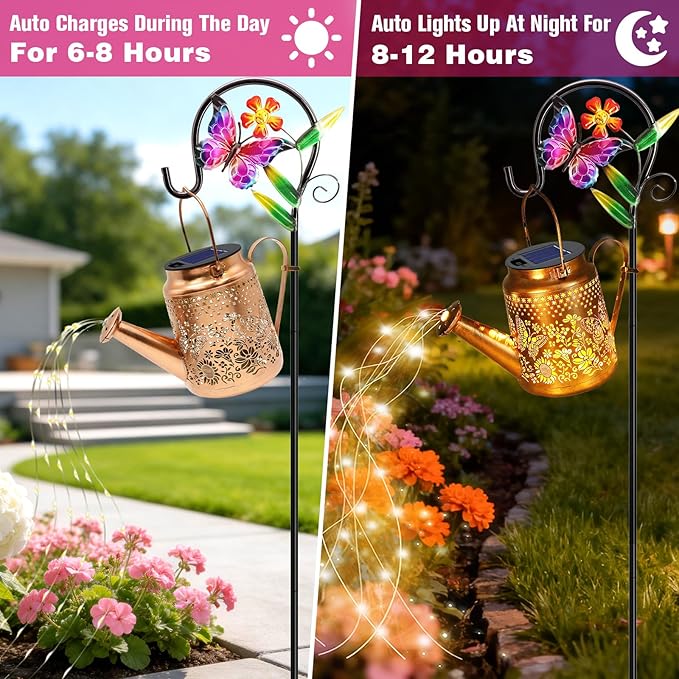 VOOKRY 2 Pack Butterfly Metal Solar Watering Can Lights, Solar Lights Outdoor Waterproof, Birthday Gifts for Women Mom Grandma, Hanging Lanterns Decorative Garden Decor for Outside Yard Patio Lawn