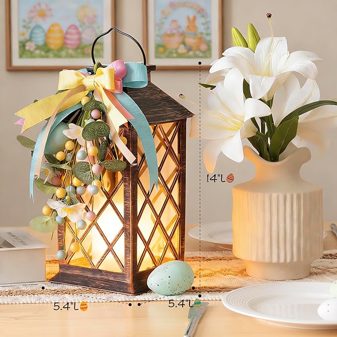 Easter Solar Lanterns Outdoor, Waterproof Garden Hanging Lanterns, 13" Outdoor Decorative Lantern with LED Flickering Flameless Candles, Easter Lantern for Porch, Yard,Patio Decor