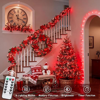 JMEXSUSS 33ft 100 LED Red Battery Operated Lights with Remote, Valentine Lights Battery Operated, Christmas String Light Indoor Outdoor for Valentine's Day Tree House Yard Xmas Decor