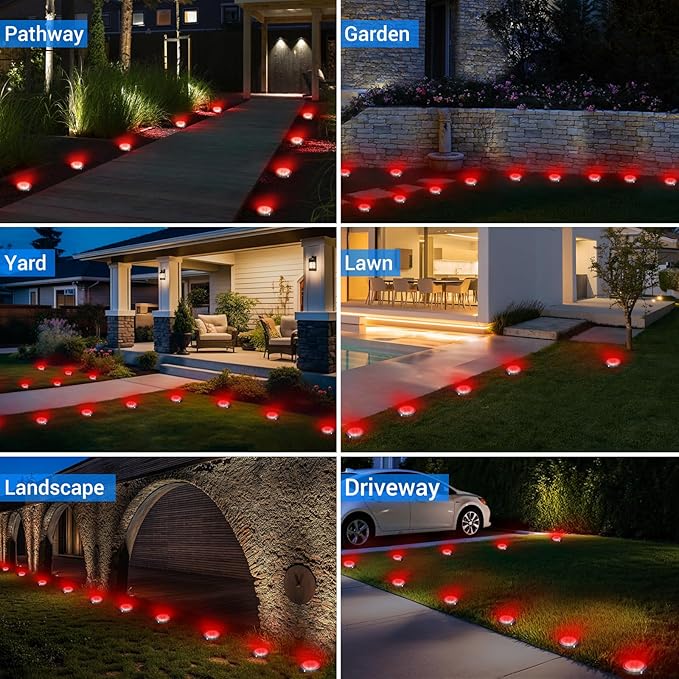 Peasur Mini Solar Ground Lights Outdoor, 8 Pack Flat Solar Powered Disc Lights, IP68 Waterproof, Anti-Rust, Landscape Lighting for Pathway Garden Yard Lawn Walkway Landscape Driveway, Red