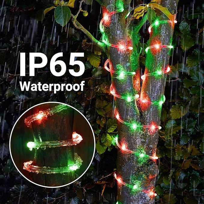 Solar Rope Lights, 33ft 100LED Solar String Lights, 8 Modes Waterproof Solar Powered Outdoor Light, Flexible Clear Tube Light for Garden Backyard Patio Deck Porch Pool Tree Christmas Decor- Red&Green