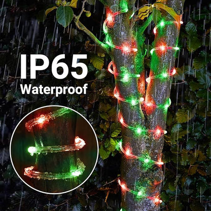 Solar Rope Lights, 2 Packs Total 132ft 400LED Solar String Lights, 8 Modes Waterproof Solar Powered Outdoor Light, Flexible Clear Tube Light for Garden Yard Patio Deck Porch Tree Xmas Decor -Red&Green