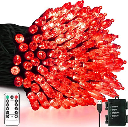 Tcamp 33ft 100LED Red Christmas Lights Battery Operated with Remote Memory Timer, 8 Modes Battery String Lights for Christmas Tree Wreath Bedroom Outdoor Indoor Decor