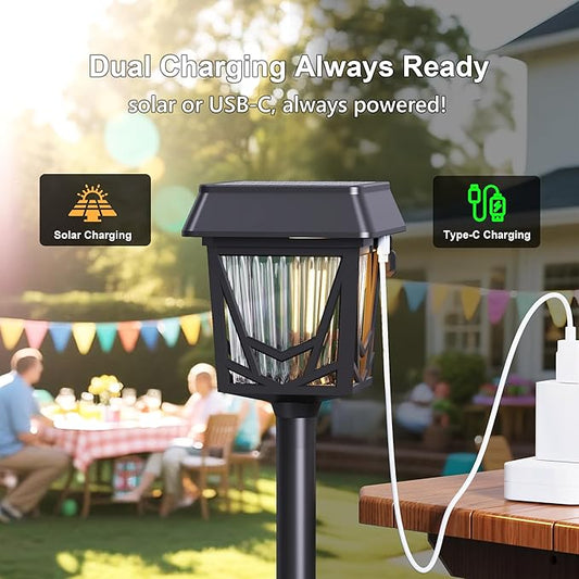 Raynic Solar Pathway Light, USB-C Rechargable, 36H Long Lasting, 6 Pack 2X Brighter Solar Lights Outdoor Waterproof IP66, Auto On/Off Pathway Lights for Walkway Path Yard Lawn Decor, Warm White