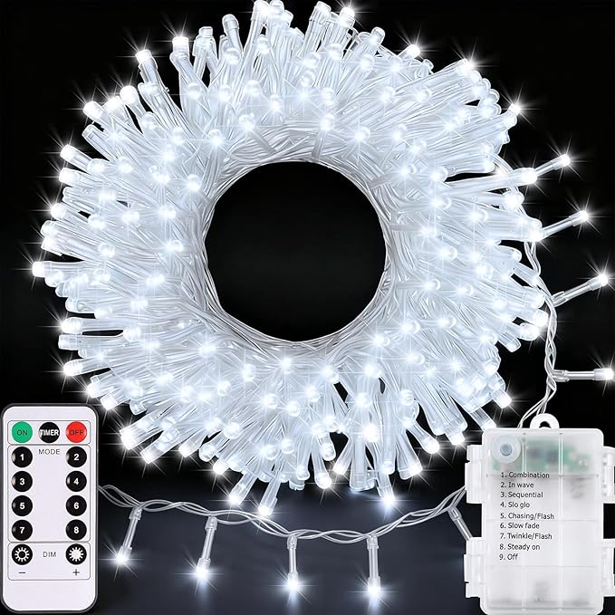 echosari LED String Lights, 100 LED Battery Operated Fairy Lights with Remote Dimmable Timer 8 Modes Christmas Lights for Outdoor Indoor Backyard Room Decoration (Cool White)