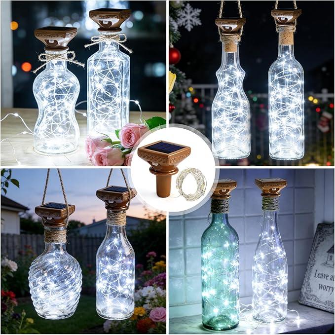 VOOKRY 8 Pack Solar Powered Wine Bottle Lights, 20 LED Waterproof Outdoor Solar Fairy String Cork Lights for Wedding,Christmas,Birthday,Halloween,Garden,Patio,Tabletop,Indoor Decor (Cool White)