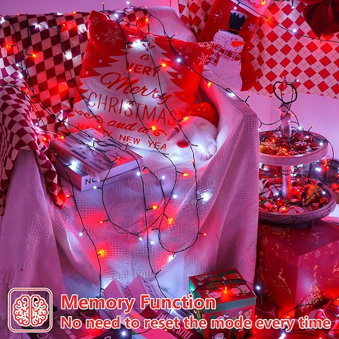 YEGUO Christmas Lights Battery Operated, 2 Pack Each 33ft 100 LED Red and White String Lights Outdoor Waterproof, 8 Modes Green Wire Fairy Light Indoor with Remote