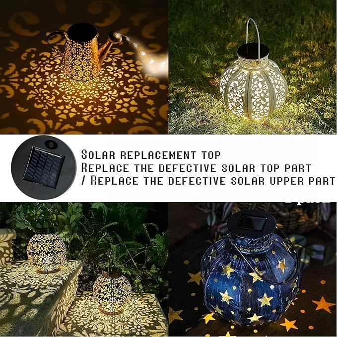 2 Pack Solar Watering Can String Lights - Round Solar Panel Outdoor Waterproof 32 Ft LED Copper Wire Hanging Lanterns Battery Box Replacement Accessories (Warm/Cold)
