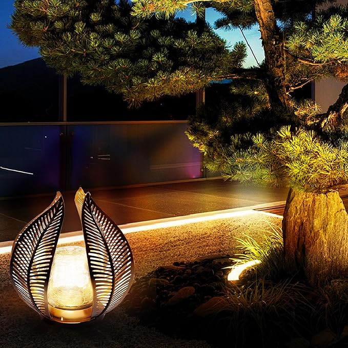 HPC Decor Solar Light Outdoor Garden, Crackle Globe Glass,Metal Palm Leaf Solar Light for Outside, Pathway Lights Waterproof LED Outdoor for Patio,Yard,Porch Decor,Gardening Gifts for Women/Mom.