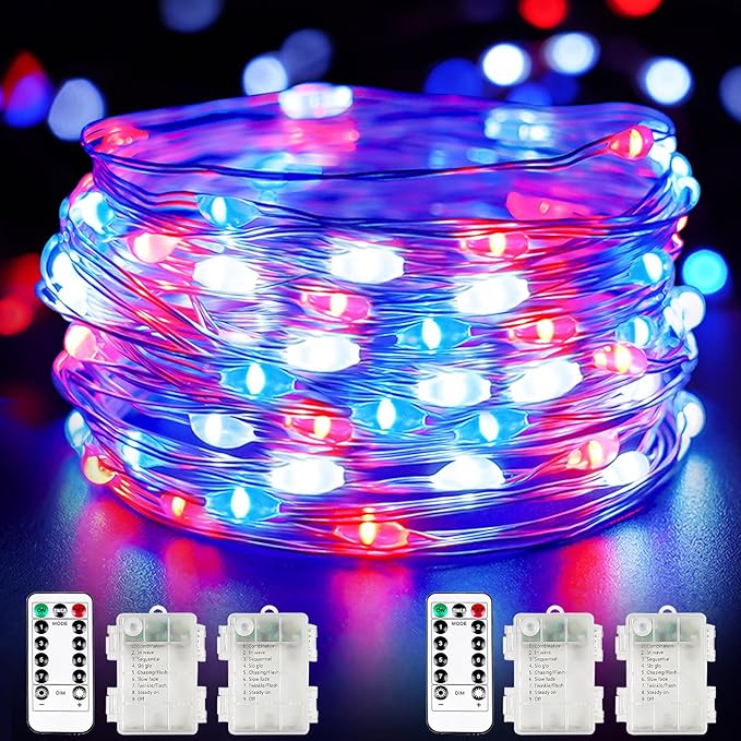 4 Pack Red White and Blue Fairy Lights Battery Operated with Remote, 33FT Waterproof 100 LED Patriotic String Lights with Timer & 8 Modes Outdoor Indoor for Independence Day 4th of July Decorations