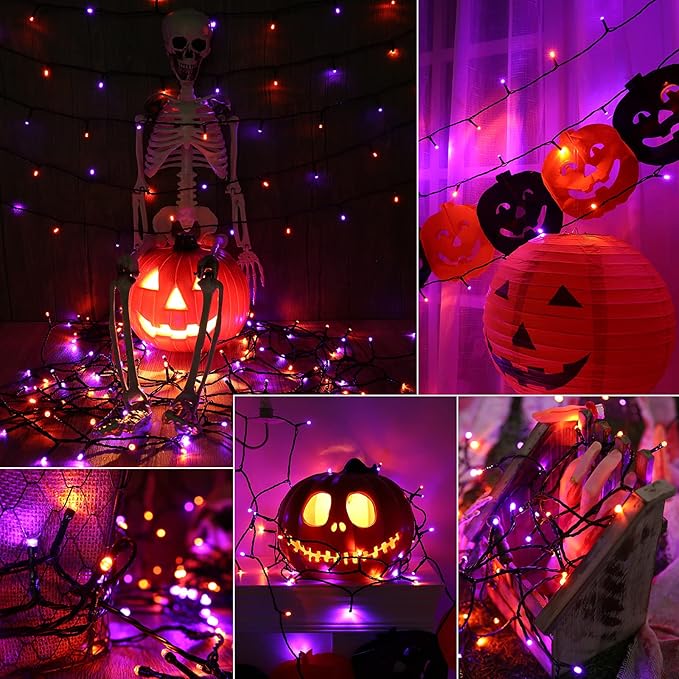 Joomer Orange Purple Halloween Lights, 66ft 200 LED Battery Operated String Lights Waterproof with 8 Modes & Timer Function for Halloween Outdoor Indoor Decorations