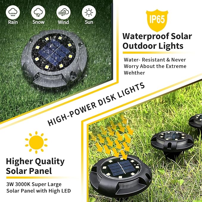 Solar Ground Lights Outdoor Waterproof, 8 Pack 12 LEDs Solar Garden Disk Lights Landscape Lighting for Outside Pathway Deck Yard Patio Lawn Driveway Walkway Deco (Warm Lights)