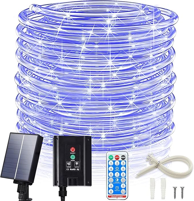 ICRGB Solar Pool Lights for Above Ground, 66FT 200LED 1800mAh Solar Rope Lights Outdoor, IP67 Waterproof Blue String Light with Remote, 8 Modes & Timing, Pool Garden Patio Fence Walkway Christmas