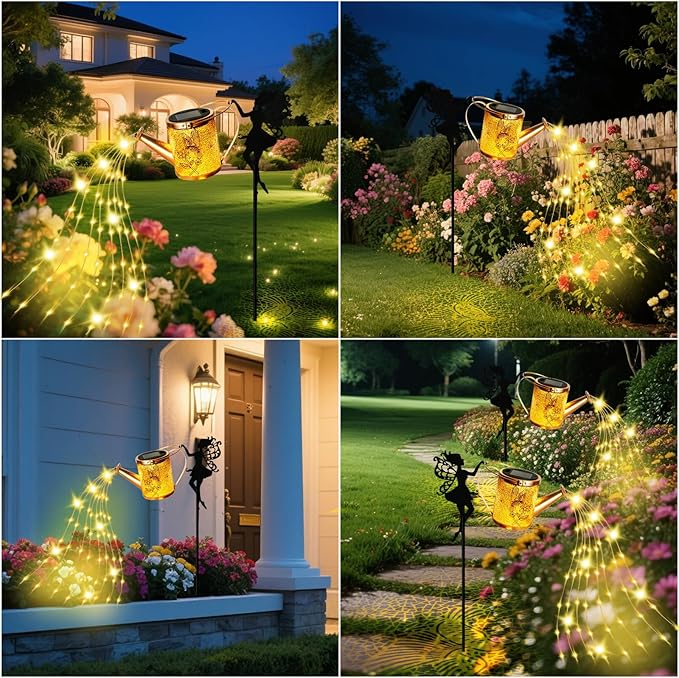 Solar Garden Fairy Watering Can Lights Outdoor IP65 Waterproof Watering Can Hanging Lanterns Garden Decor, Solar Powered LED Patio Yard Pathway Lights Fairy Gardening Gifts for Mom Women Birthday