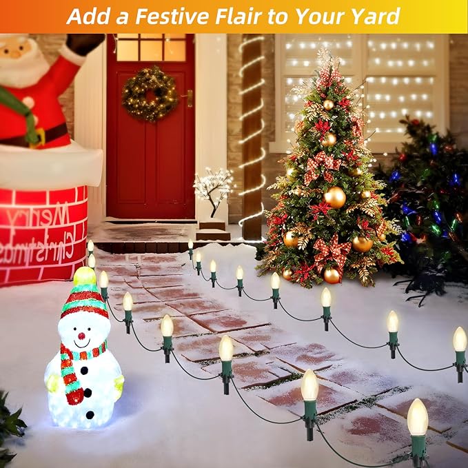 45Ft C9 Led Christmas Pathway Lights Outdoor, 30 Warm White Bulbs Waterproof Connectable Christmas Walkway Lights for Driveway, Yard, Lawn, Sidewalk Decorations