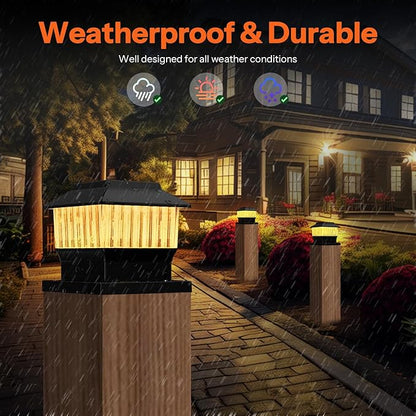 Solar Post Cap Lights 4 Pack, Modern #1: Fits True 4x4 Vinyl, 4x4 & 6x6 Wood Posts, 3 Color Temperature, 50 Lumen Waterproof Outdoor Lights for Deck Fence, Matte Black