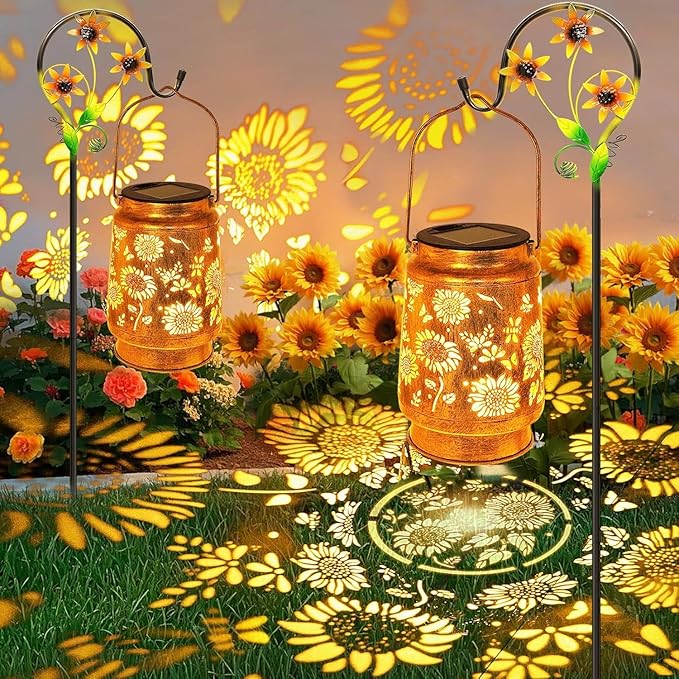 Solar Lanterns Outdoor with Shepherd Hook - Waterproof Sunflower Garden Decor, LED Hanging Lights Metal Decor for Yard, Patio, Porch, Lawn, Tabletop - Perfect Christmas Gift for Women, Mom, Grandma