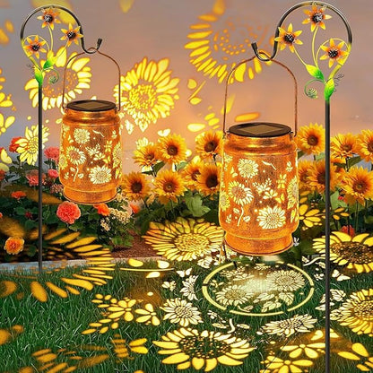 Solar Lanterns Outdoor with Shepherd Hook - Waterproof Sunflower Garden Decor, LED Hanging Lights Metal Decor for Yard, Patio, Porch, Lawn, Tabletop - Perfect Christmas Gift for Women, Mom, Grandma