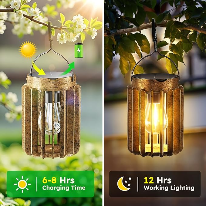 Solar Lanterns Outdoor Waterproof, Brighter Up to 12 Hrs Outdoor Hanging Solar Lights, Outside Hanging Lanterns for Garden Porch Patio Yard Decor, Gifts for Women Mom Father 4 Pack