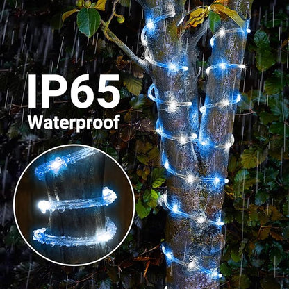 Solar Rope Lights, 66ft 200LED Solar String Lights, 8 Modes Waterproof Solar Powered Outdoor Light, Flexible Clear Tube Light for Garden Backyard Patio Deck Porch Pool Tree Christmas Decor -White&Blue
