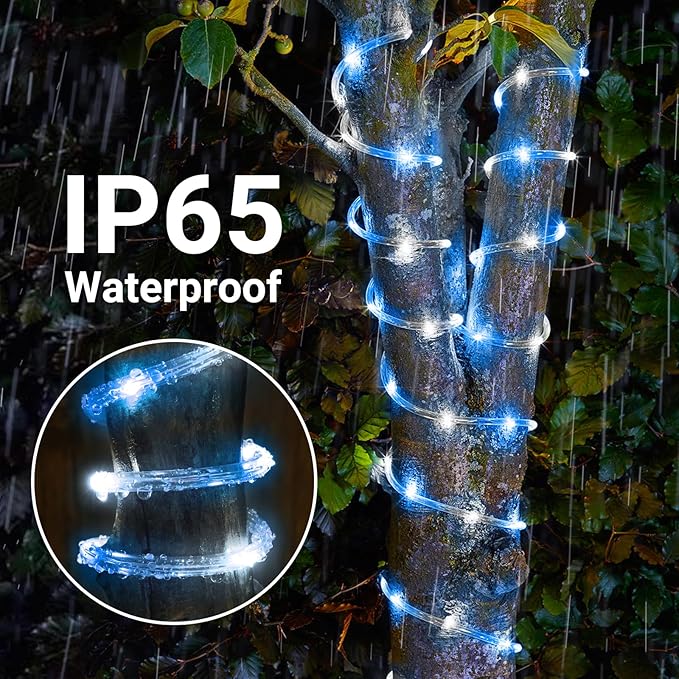 Solar Rope Lights, 2 Packs Total 66ft 200LED Solar String Lights, 8 Modes Waterproof Solar Powered Outdoor Light, Flexible Clear Tube Light for Garden Yard Patio Deck Porch Tree Xmas Decor-White&Blue