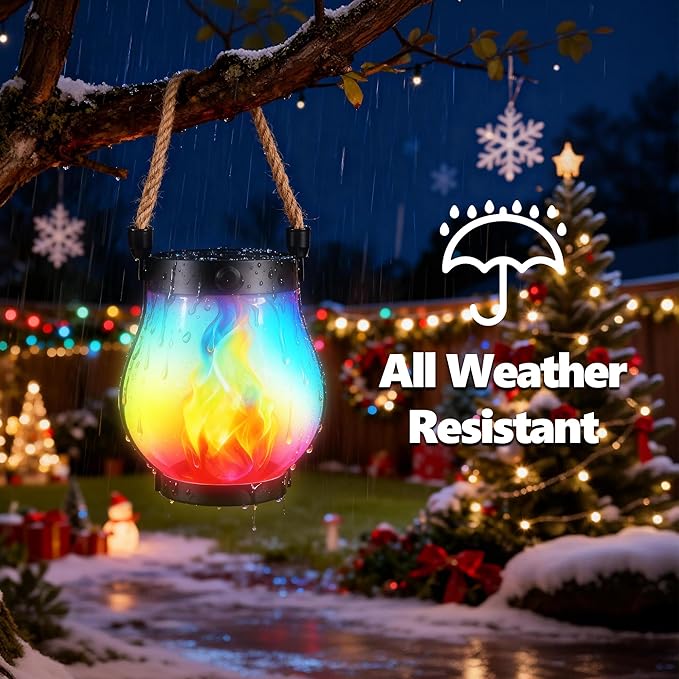 Christmas Solar Flame Lantern Hanging Outdoor Waterproof - Dancing Flame Lanterns with Dual Charging Modes of Solar & USB for Garden or Yard Decorations (Multicolor - 1 Pack)
