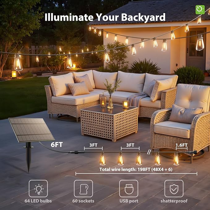 KYY 198FT(192+6) Solar String Lights Outdoor Waterproof with USB Charging & Remote, Dimmable & Timable, Solar Powered Patio Lights with LED Shatterproof Bulbs for Deck Backyard Porch Garden Camping