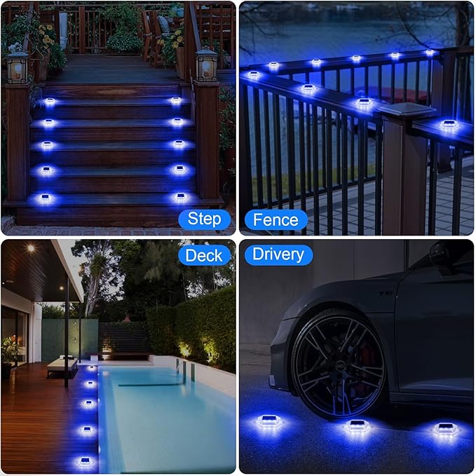 Solar Deck Lights Dock Step Lights- 12 Packs Waterproof 1200mAh Auto ON/Off LED Solor Powered Stair Lighting for Outdoor Garden, Patio, Pathway, Walkway, Driveway (Blue)