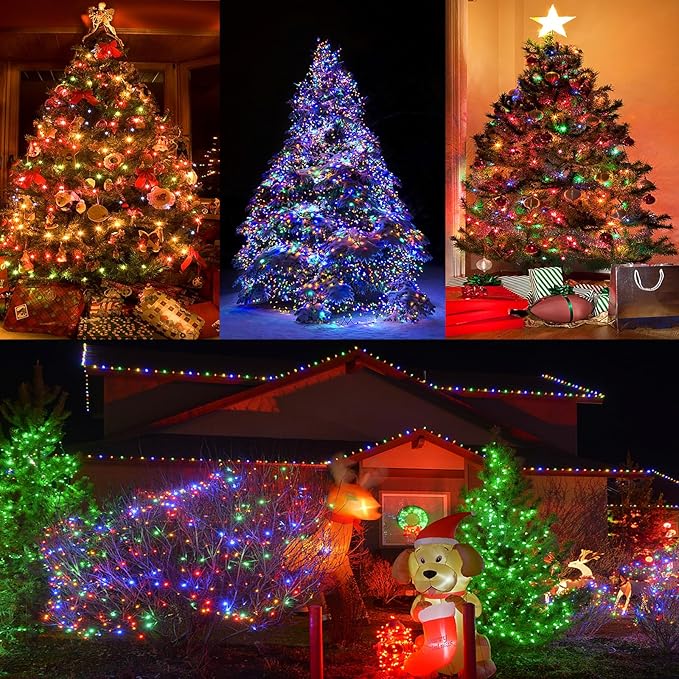Battery Operated Christmas Lights, 33 FT 100 LED Mini String Lights with Timer and 8 Modes, Green Wire Outdoor Waterproof String Lights for Tree Xmas Indoor Holiday Party Garden Decor, Multicolor