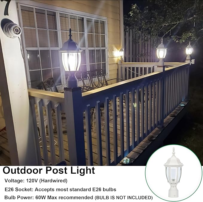 LIT-PaTH Outdoor Post Lighting Fixture Pole Lantern, E26 Medium Base Max 60W, Aluminum Housing Plus Glass, Matte White Finish, 1-Pack