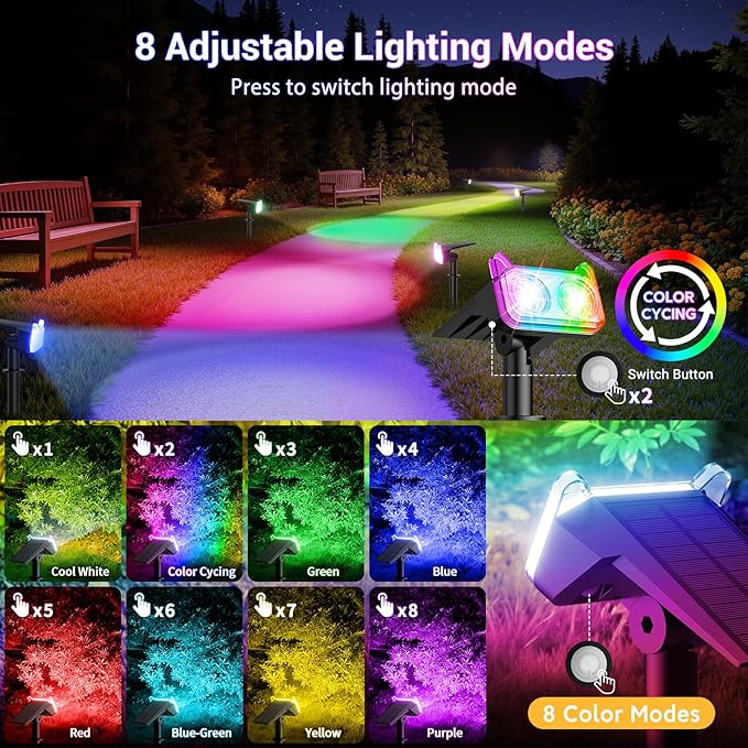 LETMY Solar Spot Lights Outdoor Waterproof with Bigger LED, 6 Pack 135°Adjustable Solar Lights Outdoor, 2-in-1 Wall Lights & 2 Modes Landscape Spotlights for Tree Yard Pathway Garden Decor(RGB Light)