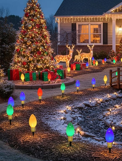 Jumbo C9 LED Christmas Pathway Lights Outdoor, 2 Pack 7 Ft Jumbo Christmas Lights with Pathway Marker Stakes, 8 Giant Multicolor Bulbs Outdoor Holiday Decorations for Lawn Yard Garden