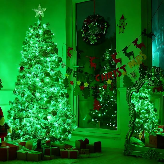 YEGUO Christmas Lights Battery Operated, 2 Pack Each 33ft 100 LED Green String Lights Outdoor Waterproof, Green Wire Fairy Christmas Light Indoor with Remote