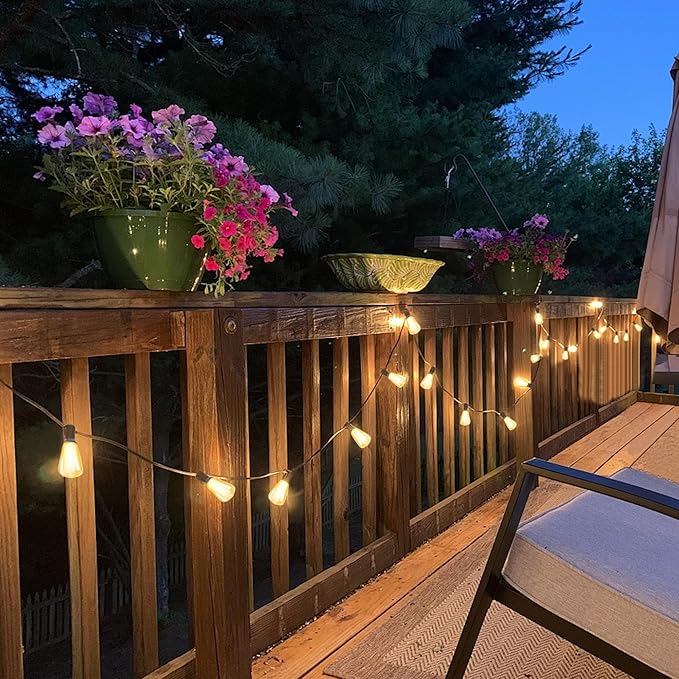 100FT Solar String Lights Outdoor Waterproof with Remote Control Solar Patio Lights 30+2 shatterproof LED ST38 Bulbs for Porch Garden Market Bistro Patio Backyard Fence